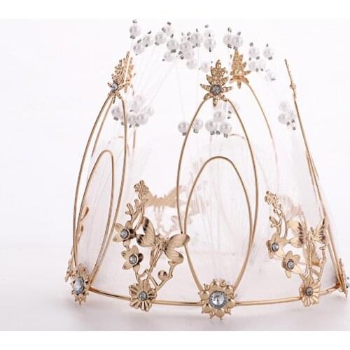 Fairy Princess Crown Exquisite Bridal Headdress Metal Cake Decoration Beads Mesh Round Crown Birthday Party Decorations