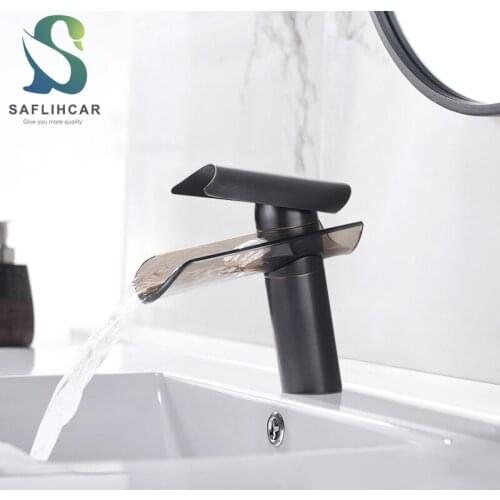 Black Bronze Fashion Tile Shape Glass Waterfall Spout Bathroom Basin Sink Faucet Single Handle Hot and Cold Water Mixer Taps