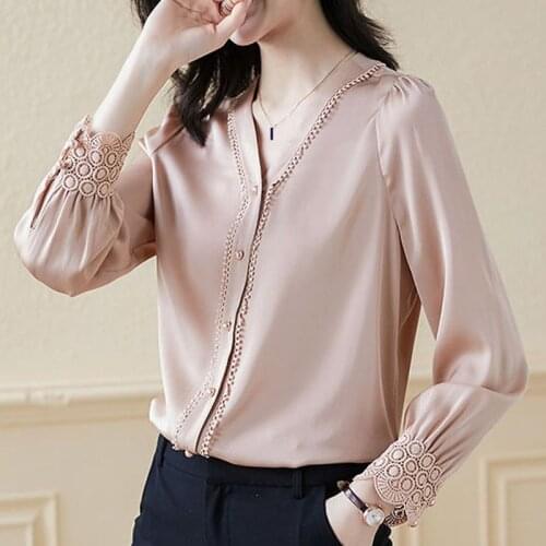 Spring Fall Fashion Women V Neck Lace Patchwork Long Sleeve White Imitation Silk Shirt Blouse , 3xl Tops Blouses for Woman