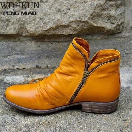 Women PU Leather Ankle Boots Women Autumn Winter Zipper Vintage Women Punk Boots Flat Ladies Shoes Flat Short Snow Boots Mujer