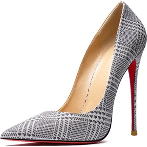 Checkered Women Casual Shoes Red Bottom Sexy Office Work Stilettos Spring Summer High Heeled Pumps Ladies Fashion Dress Shoe