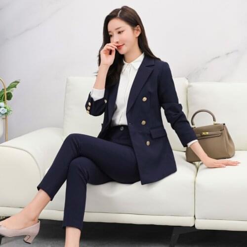 M-5XL Plus Size Womens Suit Pants Two-piece Set Elegant Double Breasted Ladies Office Blazer Jacket High Waist Slim Trousers