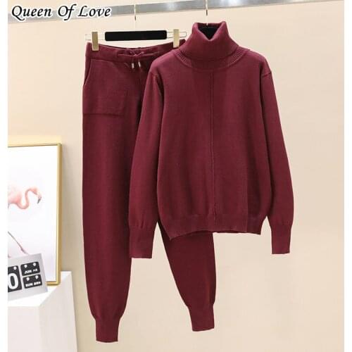 2 piece set women knitted track pants suit 2020 autumn winter fashion elegant Turtleneck pullover sweater and Pencil pant sets