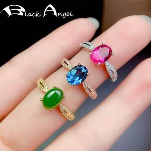BLACK ANGEL Imitation Pink Tourmaline Jewelry London Blue Topaz For Women Gemstone 925 Silver Adjustable Ring Wedding Gift