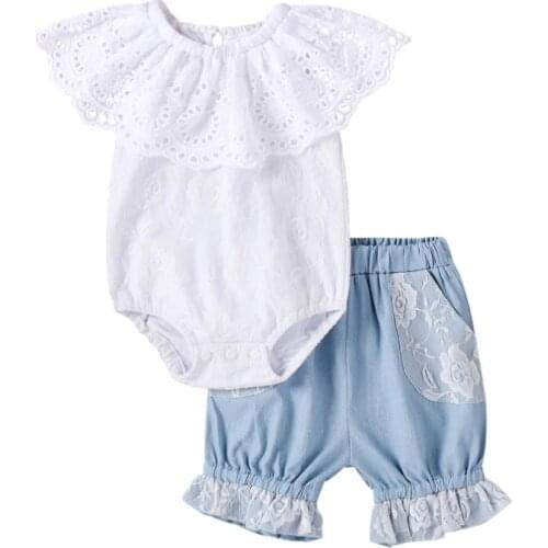 2ocs Set Baby Girl’s Clothes Fresh Solid Color Flounce Round Neck Ruffles Romper Lace Stitching Denim Shorts Babys Sets