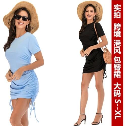 2020 Hong Kong Style drawstring pleated wrap hip dress fat mm large belly covered pencil