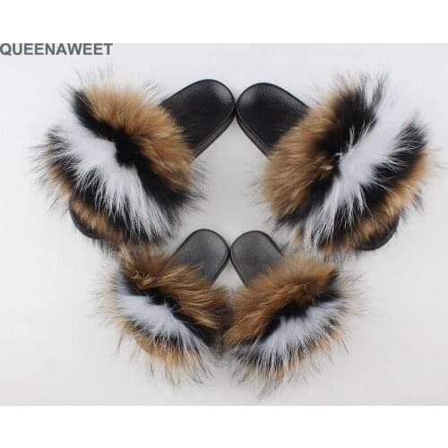 2020 Women Furry Slippers Shoes Cute Plush Fox Hair Fluffy Sandals Women and kid Fur Slippers