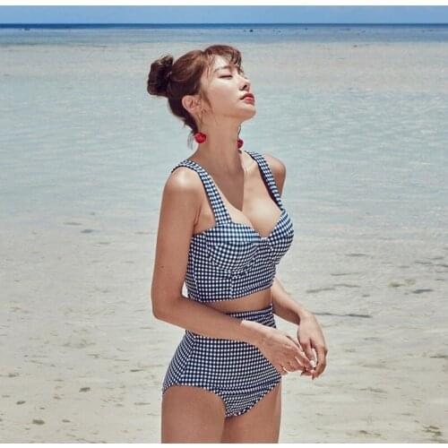 2021 Swimsuit Womens Retro Lattice Steel Support Small Chest Gathered High Waist and Belly Was Thin Sexy Split Swimsuit XL