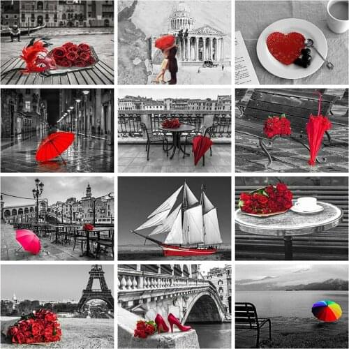 5D DIY Full Square/Round Diamond Painting Landscape Mosaic Pictures Rhinestones Rose Embroidery Red&Black Series Home Decor