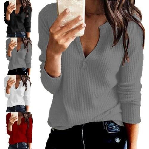 2021 New Basic T-shirt Waffle V Neck Spring Autumn Solid Color Long Sleeve T-shirt for Daily Wear