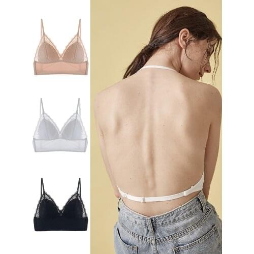 Lace sexy beautiful back underwear women no steel ring big breasts ultra-thin lingerie comfortable triangle cup halter neck bra