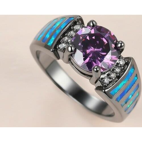 Dainty Female Purple Round Crystal Ring Charm 14KT Black Gold Wedding Rings For Women Luxury Bride Blue Opal Engagement Ring