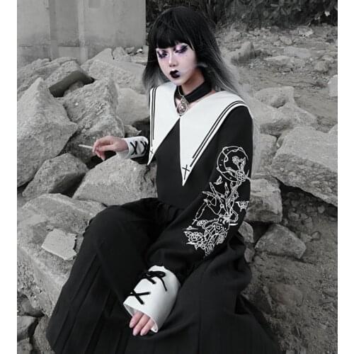 Original Design Sick Gothic Black JK Suit Moon Cross Print Long pleated Skirt Sailor Set Spring Girls Japanese Women Clothing