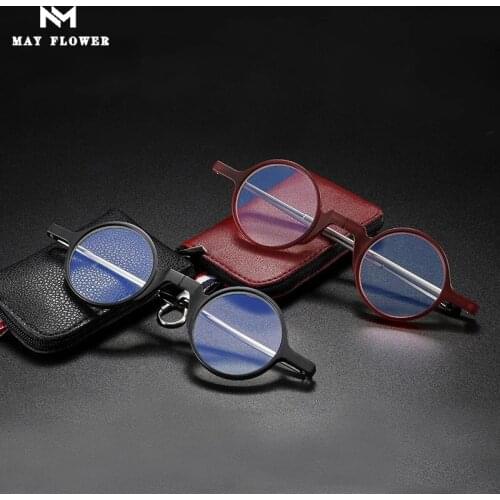 May Flower Flodable Reading Glasses HD Lenses Round Frame Glasses Male Anti Blue Light Glasses Round Glasses Female Readers +3.5