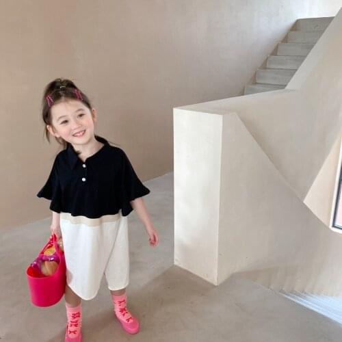 Girl T-shirt Dress 2021 Summer New Shirt Collar Cool Cotton Ruffles Sleeve Middle Long Dress Children Splicing Korean Dress