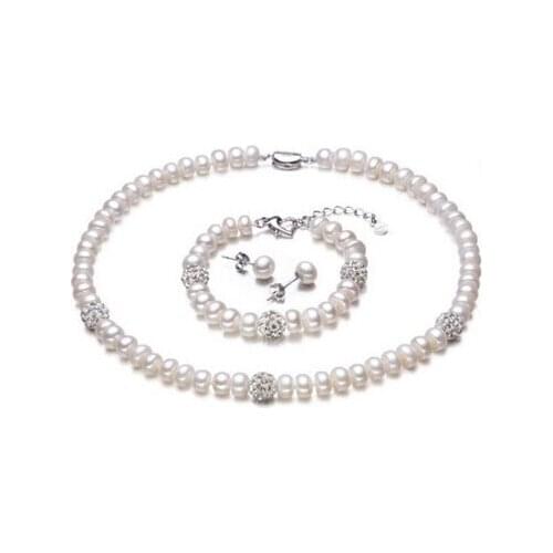 Prett Lovely Wedding charm Jew.656 freshwater pearl rhinestone bib necklace bracelet earring set