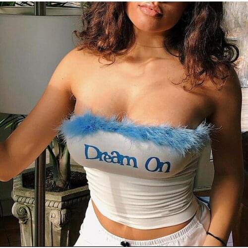 Sexy Women Strapless Tank Top Blue Feather Splicing Letter Print Crop Top Vest Bra Boob Embroidery Slim Vest