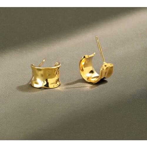 1pair 100% Authentic 925 Sterling silver Golds/White Irregular concave-convex Face Geometric Stud Earrings Punk jEWELRY TLE956