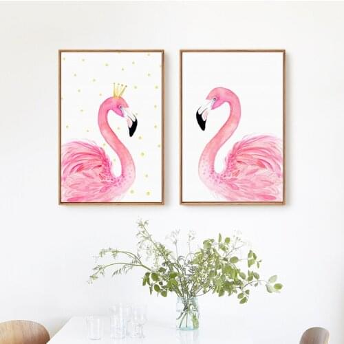 Nordic Watercolor Crown Flamingo Canvas Art Painting Print Posters Picture Wall Living Room Childrens Bedroom Home Decor Mural