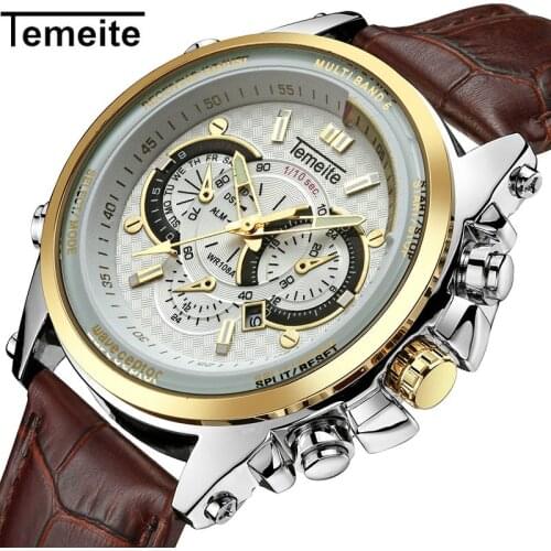 TEMEITE Sports Casual Quartz Watch Men Brown Leather Strap Sub-dials Decoration Luminous Hands Fashion Calendar Wrist Watches