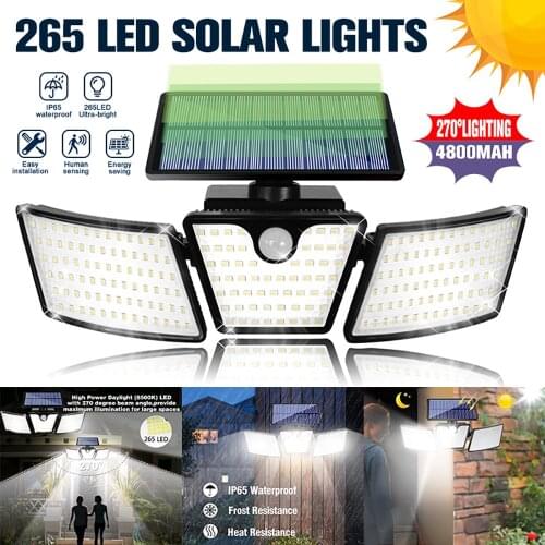 Outdoor 265 LED Solar Wall Light Motion Sensor Lights 3 Adjustable Heads 270° Wide Lighting Angle Waterproof IP65 Flood Light