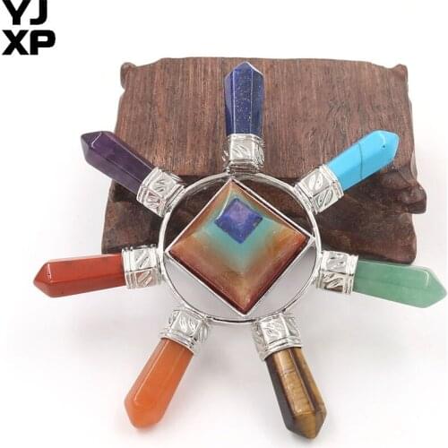 YJXP Reiki Healing Energy Transmitter Generator 7 Chakra Hexagon Column 7 Color Layer Pyramid Natural Stone Yoga Balance Jewelry