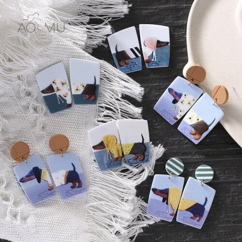 AOMU 2020 New Design Colorful Pet Earrings Graffiti Animal Dog Printed Earrings Jewelry Fashion Geometric Round Square Earring