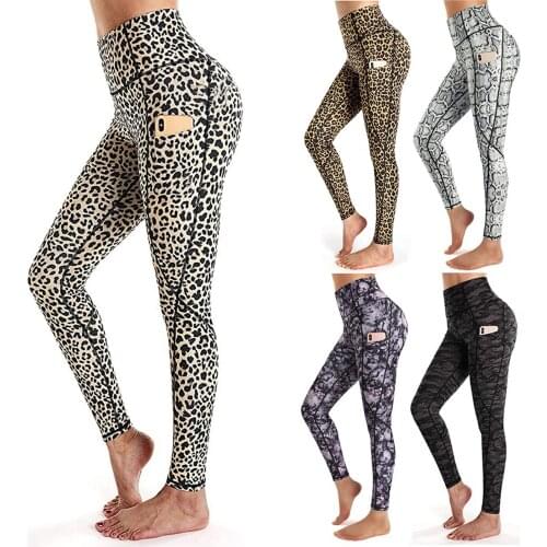 Women Sport Leggings Yoga Pants with Pockets Leopard Print High Waist Workout Leggings Running Pants Gym Leggings Women S-XXL