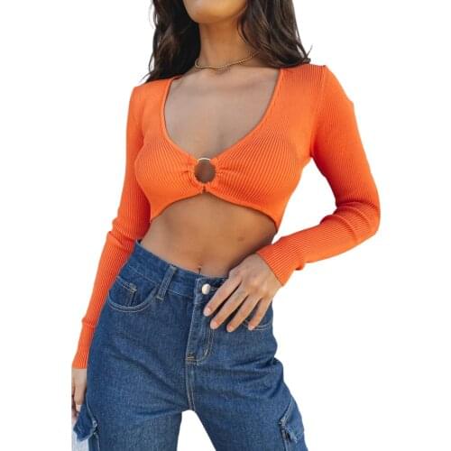 Women Knit Crop Tops Adults Tie-up Ribbed V-neck Long Sleeve Cutout Pullover (Orange)