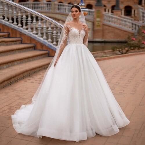 Thinyfull New Arrival Wedding Dresses Sheer Scoop Neck A Line Beading Bride Dresses Tulle Lace Appliques Vestidos de novia 2020
