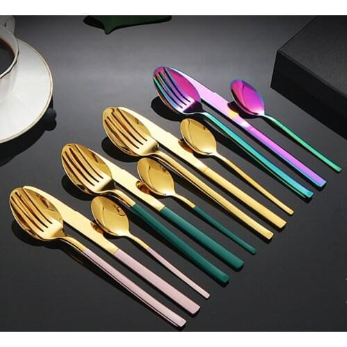 4Pcs Golden Cutlery Set 304 Stainless Steel Square Handle Steak Knife Fork Coffee Spoon Teaspoon Tableware Kitchen Dinnerware