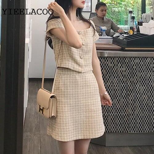 Beige plaid tweed jacket + skirt suits 2020 spring /autumn /winter womens Jackets new ladies 2-piece skirt suits