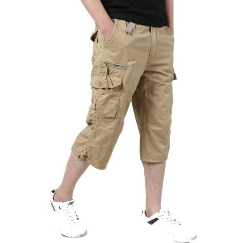 Casual Shorts Men Summer Multi Pockets Cotton Elastic Hot breeches Long Length Pants Capri Military Cargo Shorts Plus Size 5XL