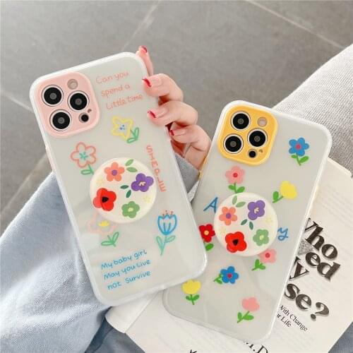 Cute Flower Holder Stand Phone Case for iPhone 12 Pro Max MiNi X XR XS 11 Pro Max 6S 7 8 Plus Soft Cover with Kickstand Bracket