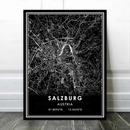 Black and White World City Map SALZBURG Wall Art Canvas Poster Prints Nordic Style Paintings Picture Living Room decoration