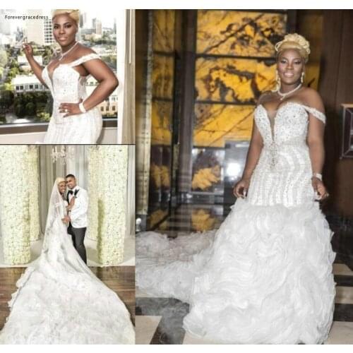 Cheap Fabulous Beads Wedding Dress Mermaid Off Shoulder Backless Long Garden Country Church Bride Bridal Gown Plus Size