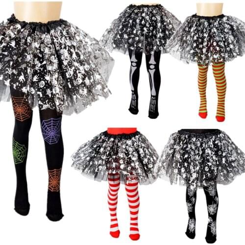 Kids Girls Halloween Full Length Tights Stockings Cartoon Spiderweb Skeleton Striped Pantyhose Cosplay Costume Carnival Party
