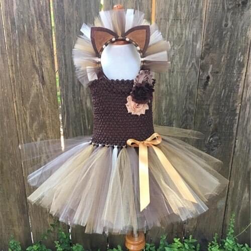 Girls Coffee Lion King Tutu Dress Baby Crochet Strap Dress with Flowers and Hairbow Kids Cartoon Cosplay Party Costume Dress