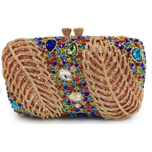 Designer Gold Metal Champagne Diamond Leaves Female Clutches Luxury Women Blue/Green/White Rhinestone Crystal Cellphone Handbag