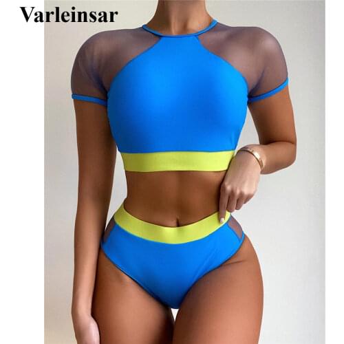 Short Sleeve Mesh Splicing Female Swimsuit High Waist Bikini Women Swimwear Two-pieces Bikini set Bather Bathing Suit Swim V2871