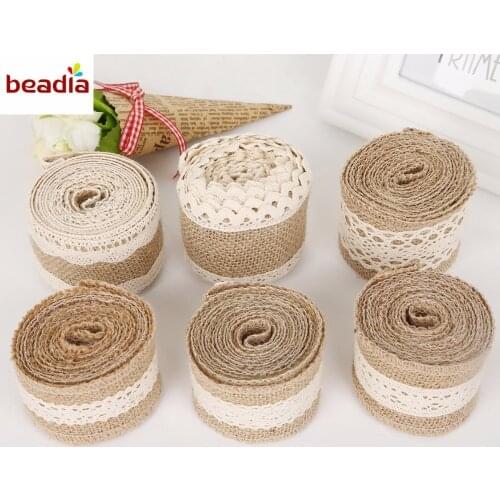 Width 5/6cm 2M/Roll Ivory Color Natural Jute Burlap Hessian Ribbon with Cotton Lace For Rustic Wrap Gift Packing Decoration