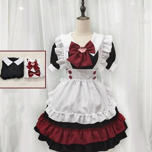 Anime Sweet Lolita Maid Dress Cosplay Halloween Party Vampire Little Devil Short Sleeve Maid Dress + Apron + Bow Outfit C67M292