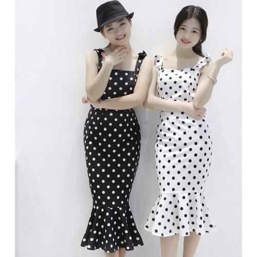 Runway Designer Boutique Cute Retro Dress Womens High Quality Black white Dot Printed Bow Shoulder Strap Mermaid Dresses