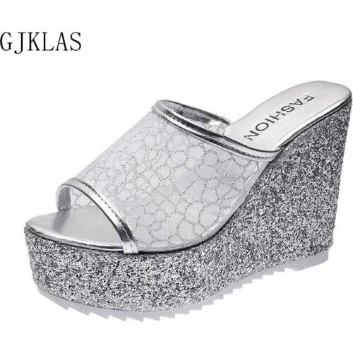 High Heels Summer Shoes Women Sandal Summer Wedge Plaform Gold Sliver Chunky Sandals New Lace Bling Slide Heels Ladies Slippers