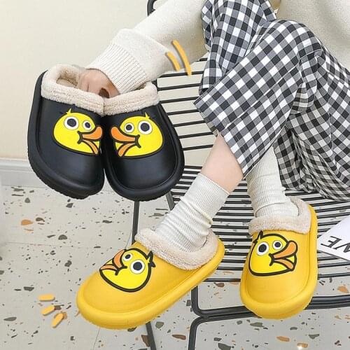 Cartoon Duck Winter Slippers Men Women Indoor Cute Parent-Children Shoes EVA Anti-slip Thick Sole Warm Plush Platform Flip Flops
