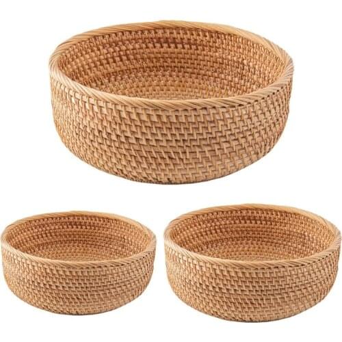 T3EC Handmade Living Room Snack Fruit Bowl Vegetable Basket Wicker Picnic Tray Food