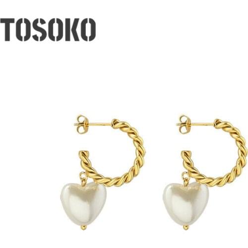 SODROV Stainless Steel Jewelry Mahua Twisted Thread Peach Heart Earrings Womens Imitation Pearl Elegant Earrings BSF401