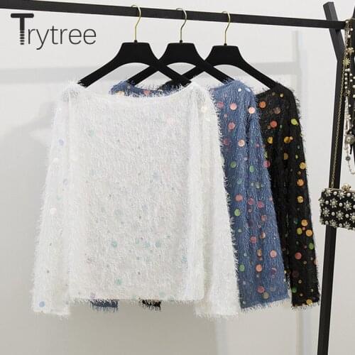 Trytree 2020 Autumn Winter Top Women T shirt Casual Slash neck Tassel Sequin T-Shirt Solid 3 Colour Fashion Office Lady T-Shirt
