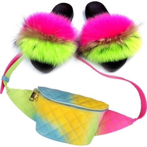 Women Fox Fur Slippers Summer New Arrival Fur Slides Fashion Fanny Pack Coin Purse Jelly Bag Female Handbag Shoes Sets Waist Bag