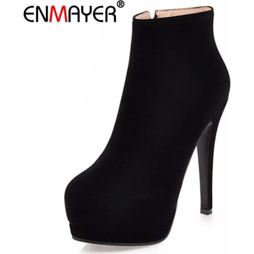 ENMAYER Winter Boots Shoes Woman High Heels Platform Plus Size 34-43 Sexy Thin Heel Ankle for Women Black Peach
